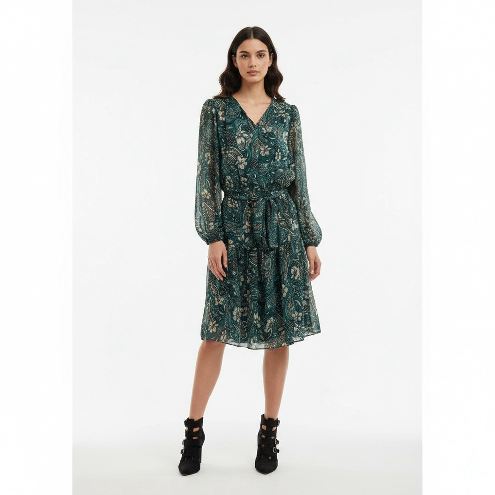 Lane Bryant Teal Paisley Sheer Tie Waist Dress 14